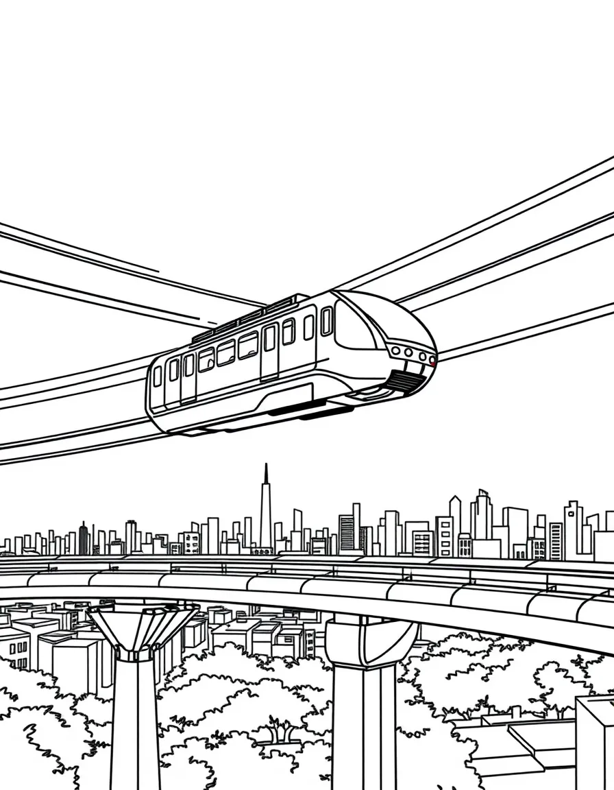 Monorail gliding above city with futuristic design, elevated tracks, and urban skyline in background