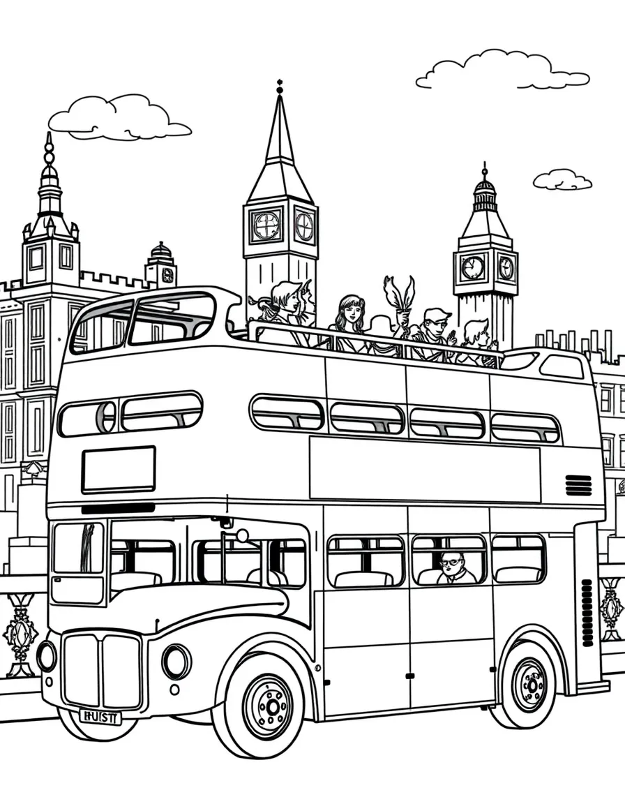 Double-decker bus touring London with passengers on top level and famous landmarks visible outside