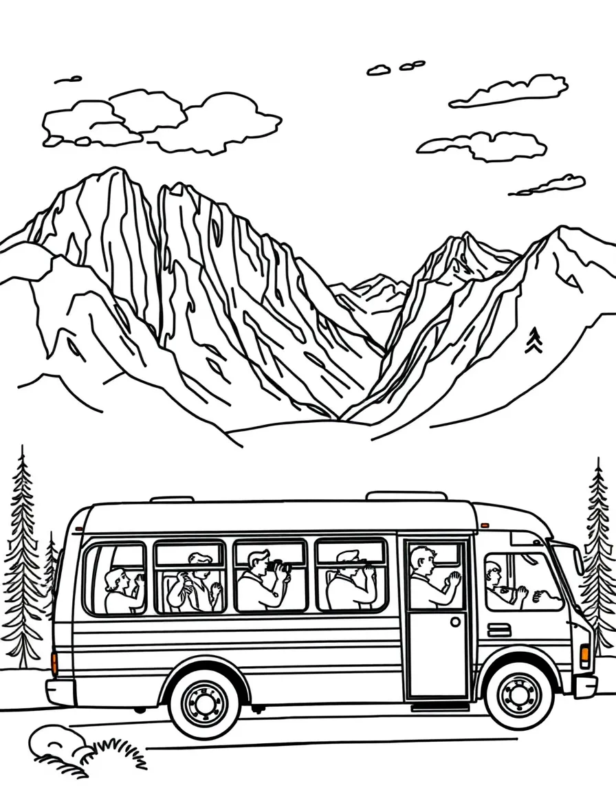 Tour bus visiting national parks with large windows, tourists with cameras, and scenic mountain views