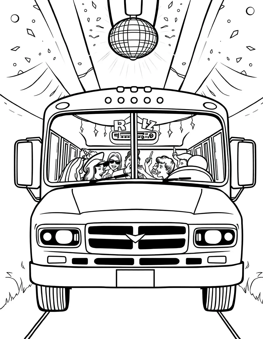 Party bus with disco lights and music system, celebrating group inside with decorations and refreshments