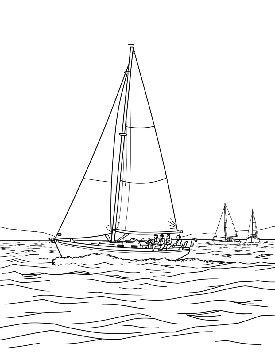 Sailboat racing across lake with wind filling sails, crew adjusting rigging, and other boats competing