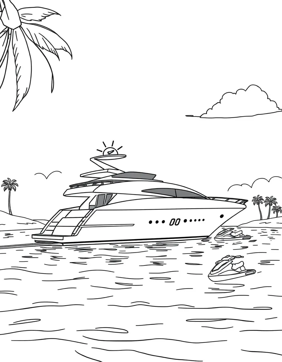 Yacht anchored in tropical bay with swimming platform, jet skis nearby, and palm trees on shore