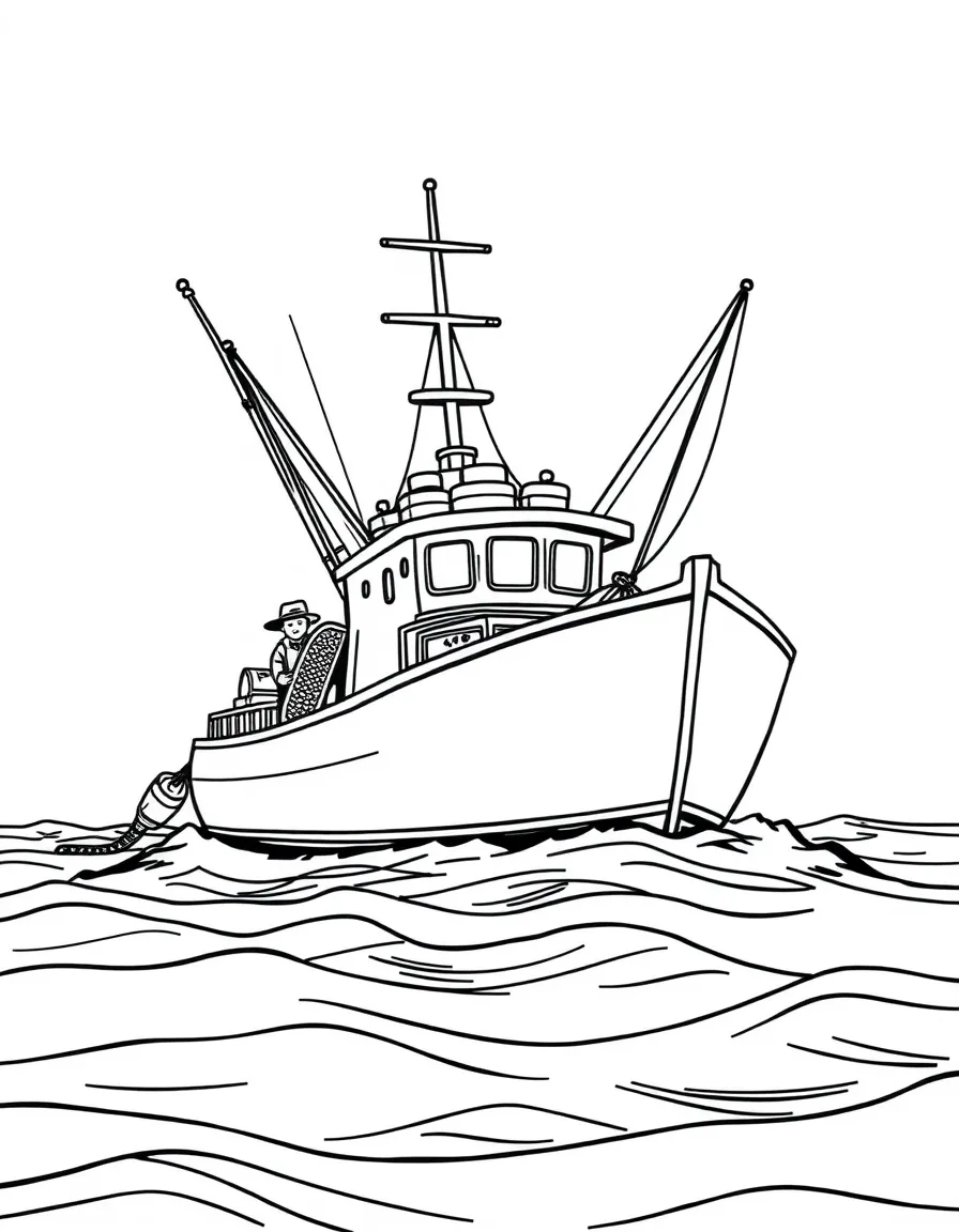 Fishing boat heading out to sea with nets, tackle, and crew preparing for day's catch
