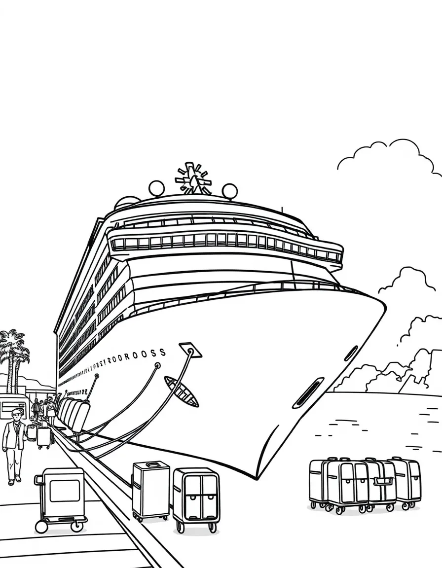 Cruise ship docked at port with passengers boarding, luggage carts, and tropical destination visible