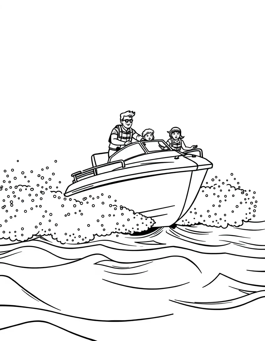 Speedboat jumping waves with family aboard, life jackets worn, and spray flying in all directions