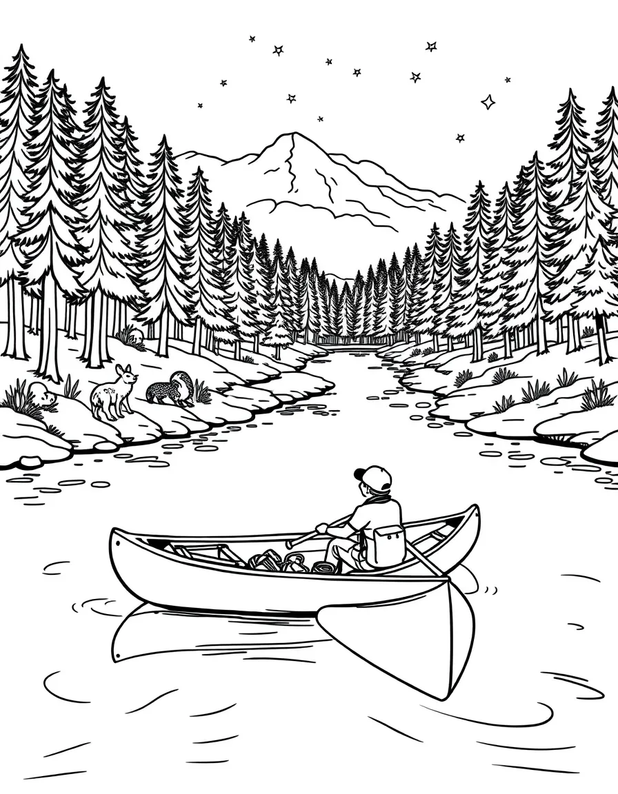 Canoe paddling down peaceful river with camping gear, wildlife watching, and forest scenery along banks
