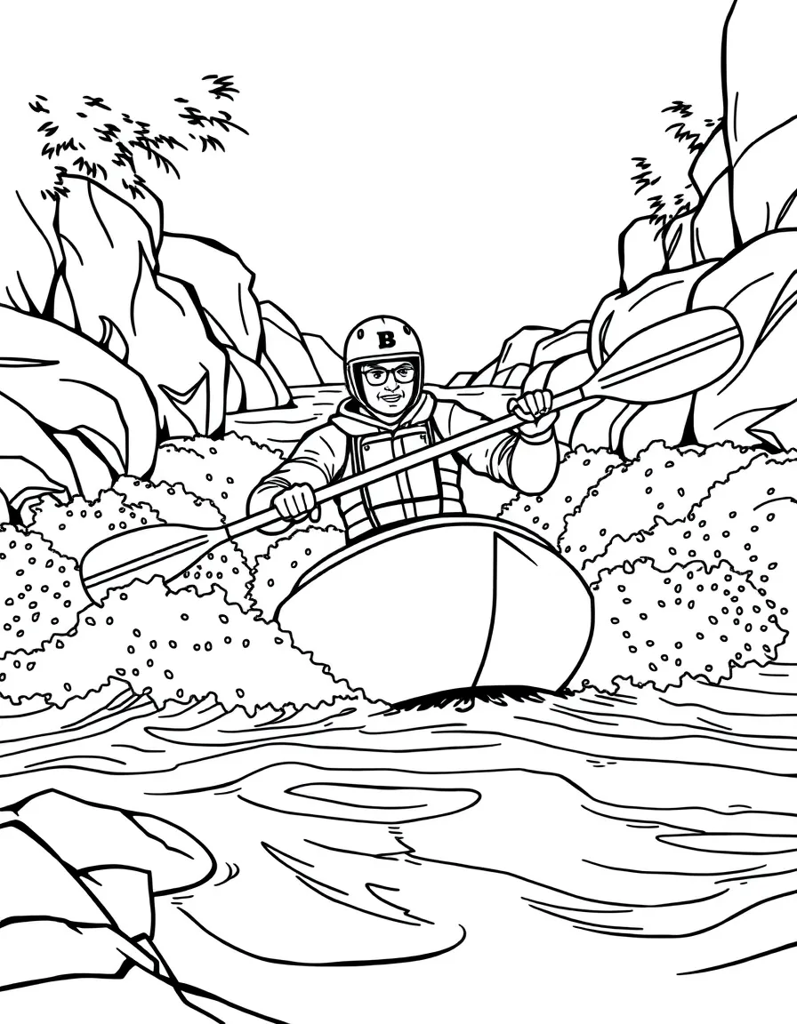 Kayak navigating white water rapids with helmet and paddle, showing adventure sports and river challenges