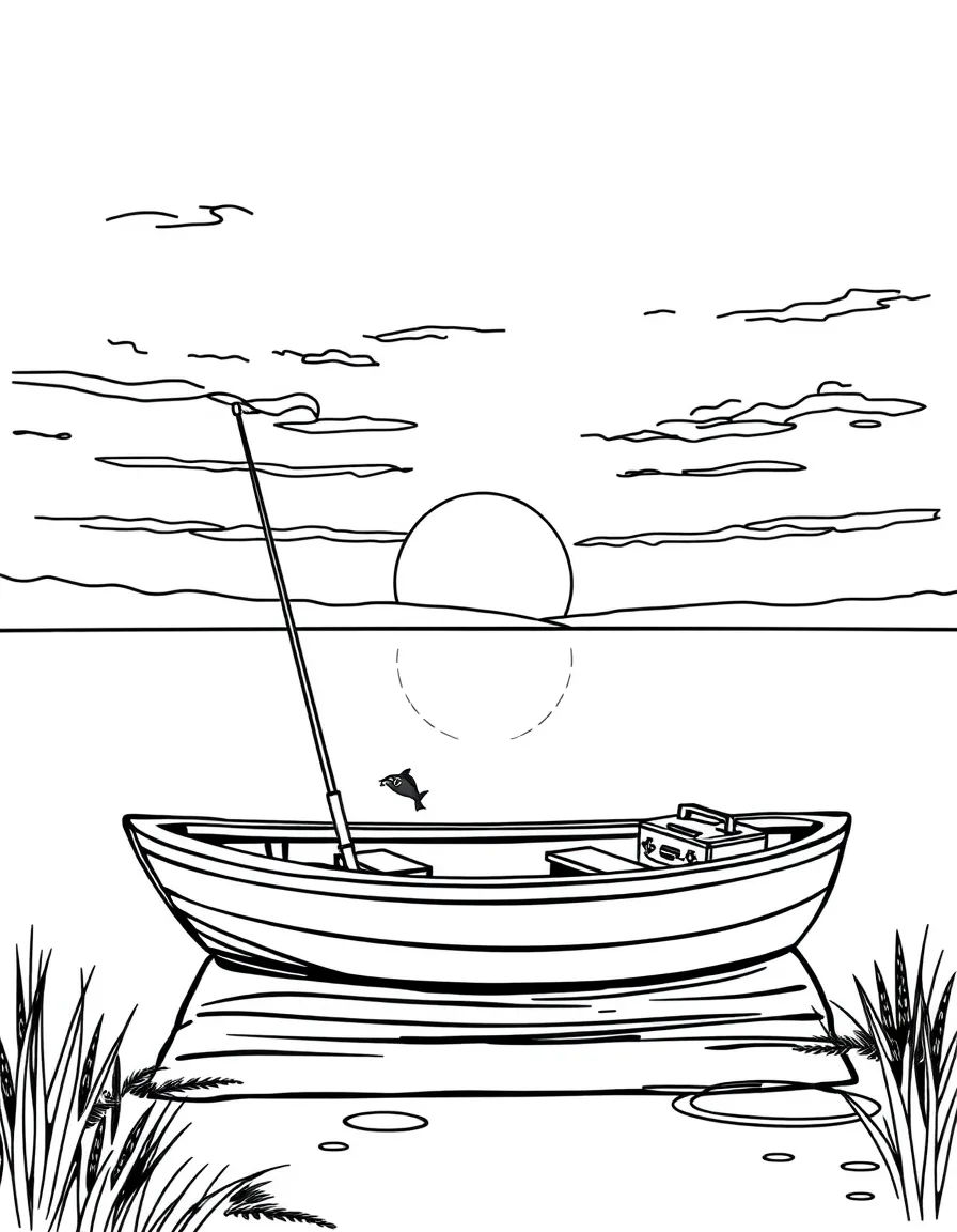 Rowboat on calm lake at sunset with fishing poles, tackle box, and peaceful evening atmosphere