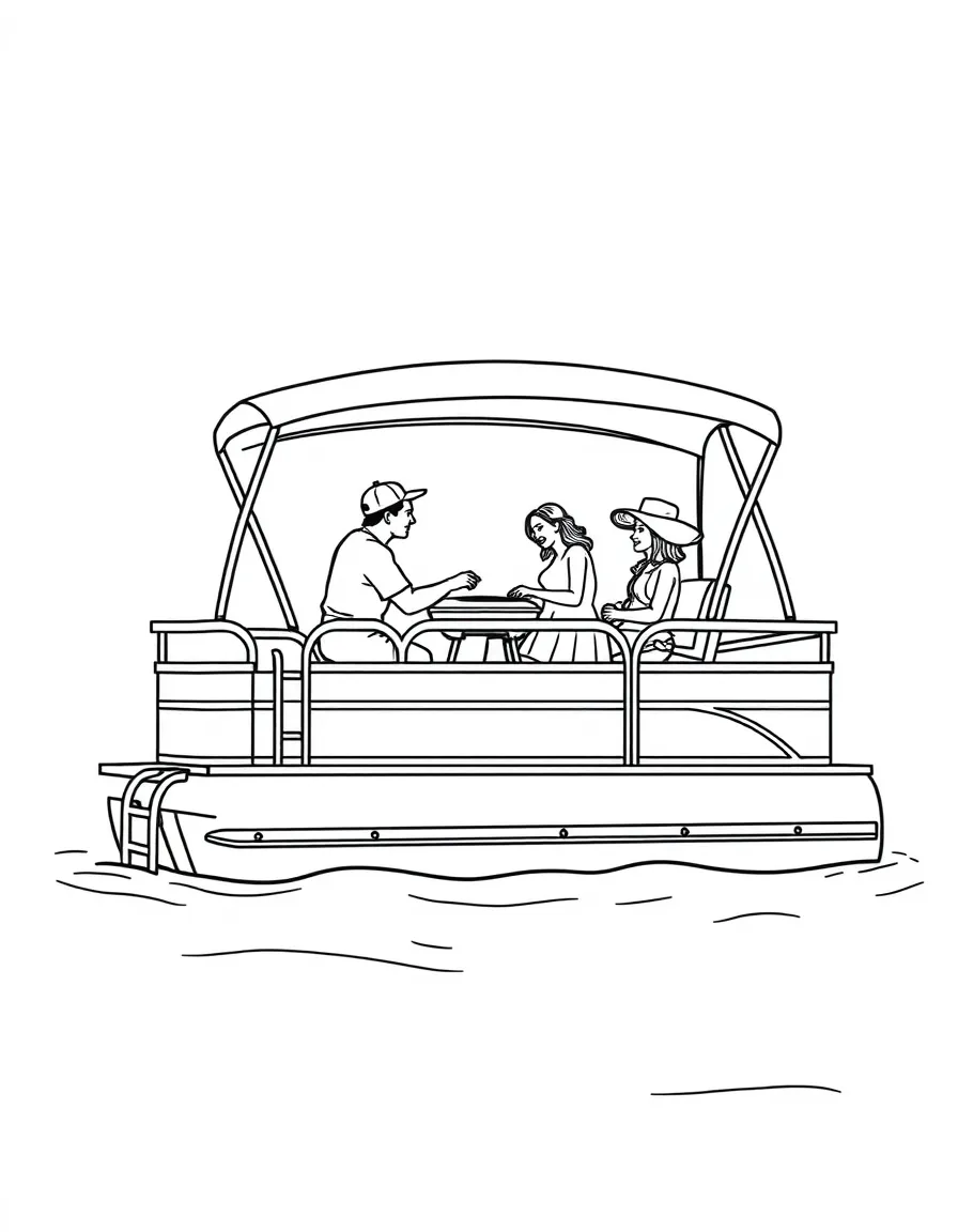 Pontoon boat family gathering with barbecue grill, swimming ladder, and relaxing chairs under canopy