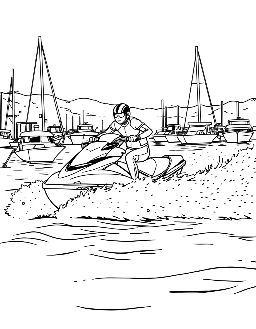 Jet ski racing across harbor with rider in wetsuit, spray flying, and marina with other boats behind