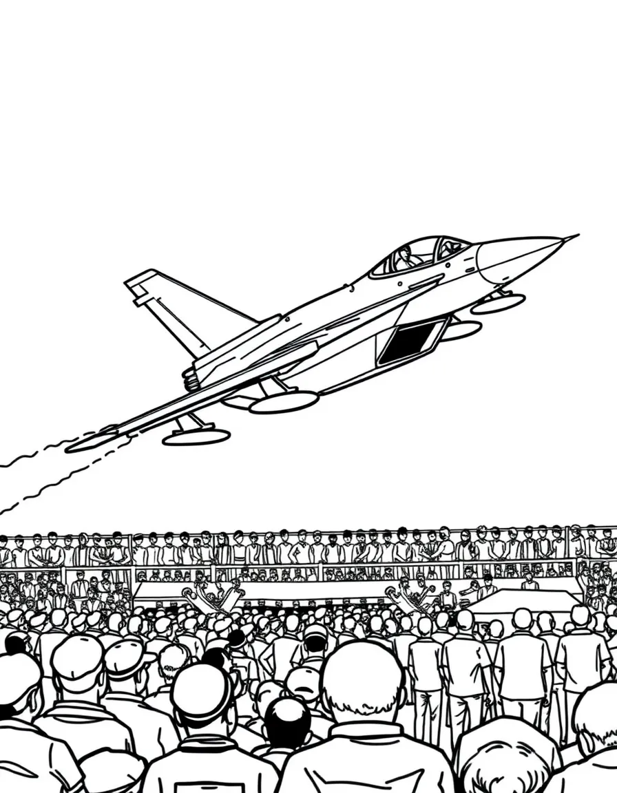 Fighter jet performing aerobatics at air show with vapor trails, pilot in cockpit, and crowds watching