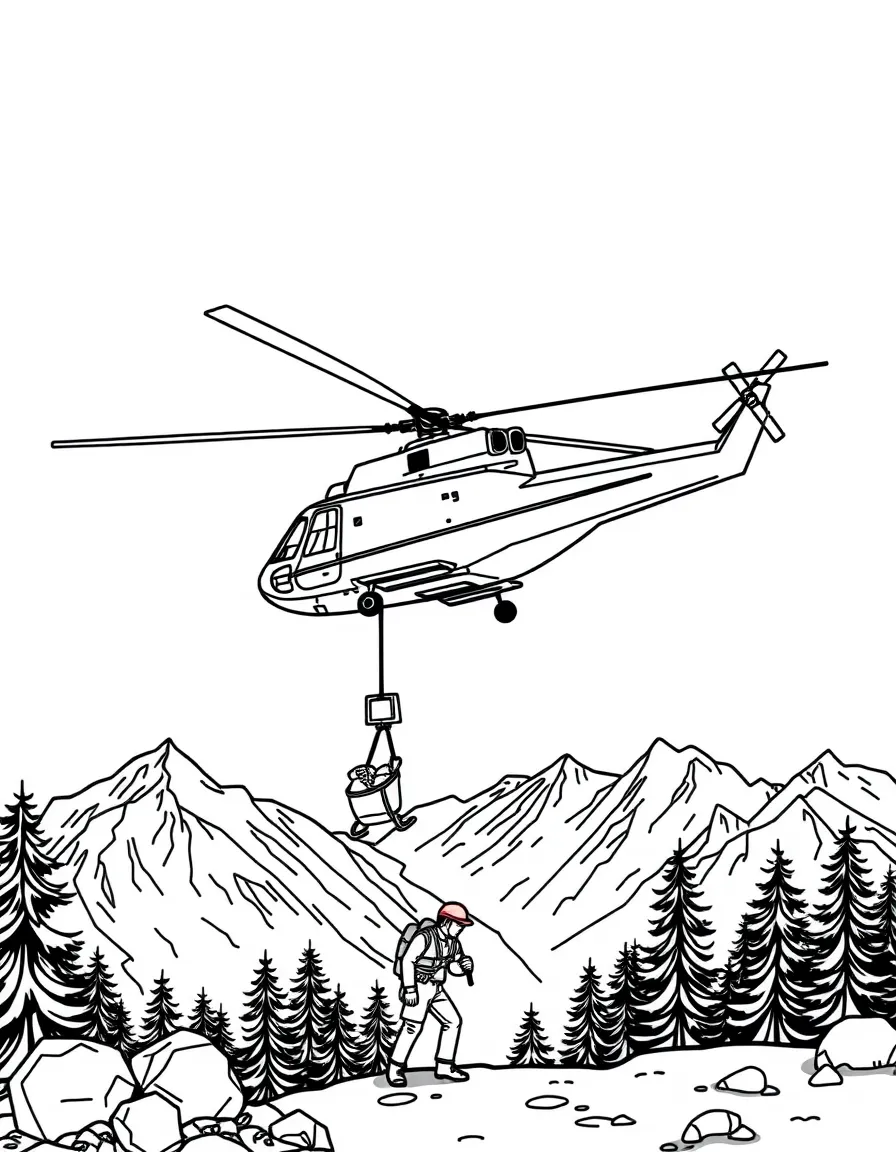Helicopter rescue mission in mountains with basket lowering, search and rescue team, and emergency response