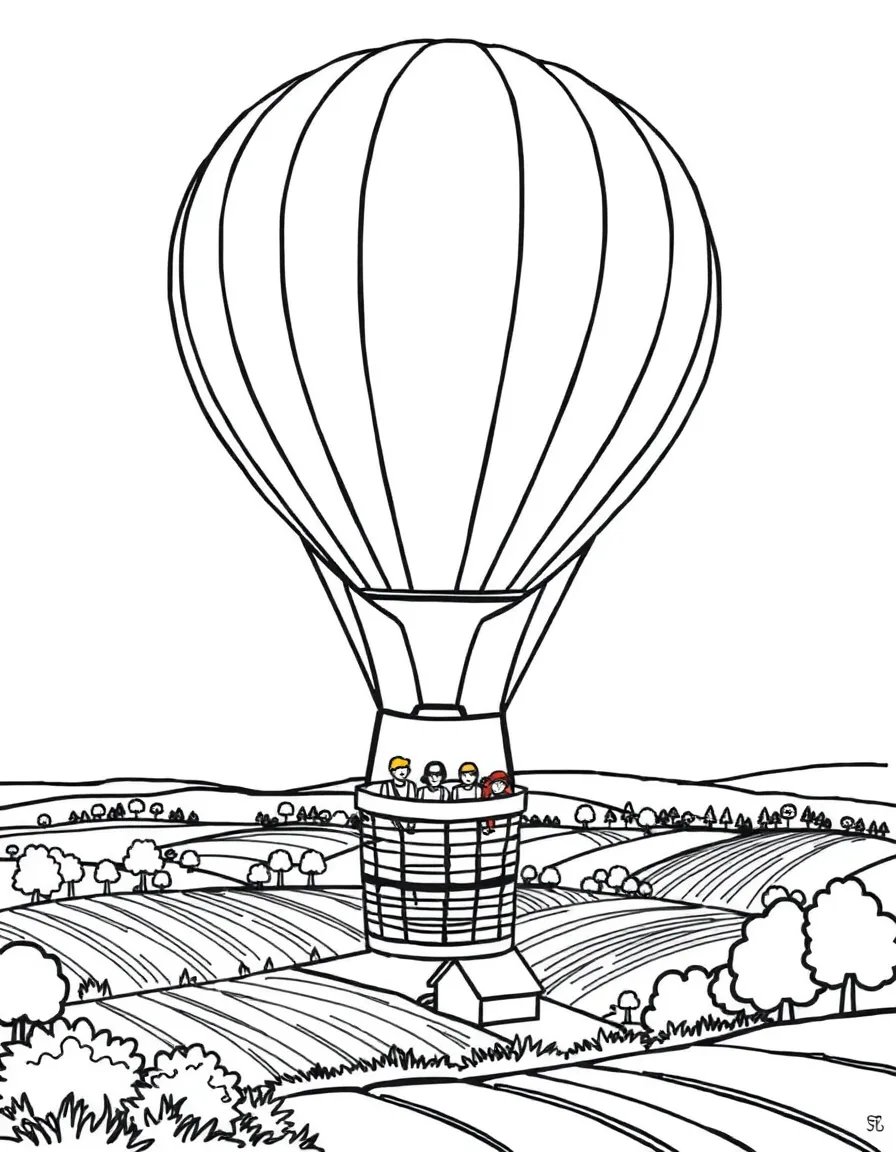 Hot air balloon floating over countryside with basket passengers, colorful envelope, and rural landscape