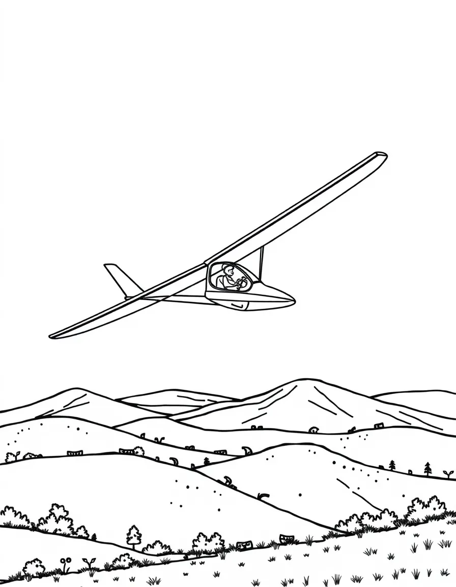 Glider soaring silently over hills with pilot controlling flight and peaceful sky conditions around