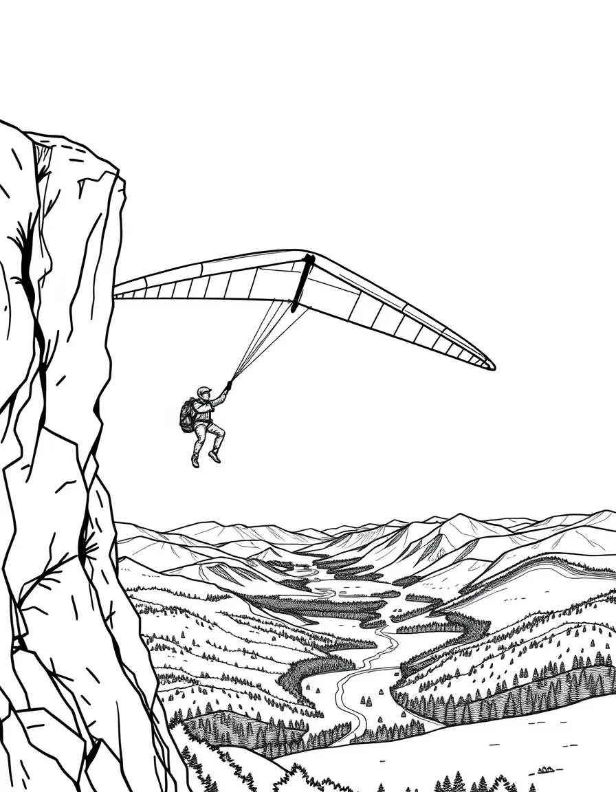 Hang glider launching from cliff with pilot in harness, wind conditions shown, and valley far below