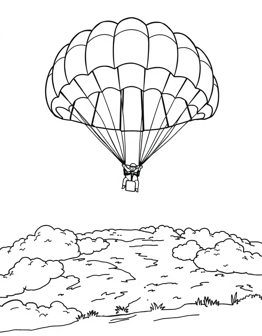 Parachute deployment during skydiving with jumper in freefall, colorful chute opening, and ground approaching