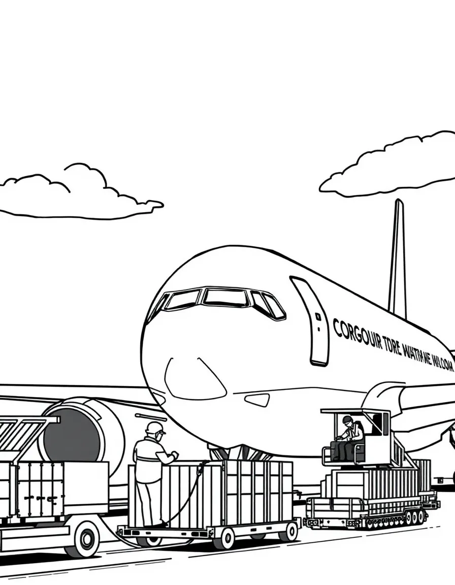 Cargo plane loading freight with workers operating equipment, containers being moved, and airport activity