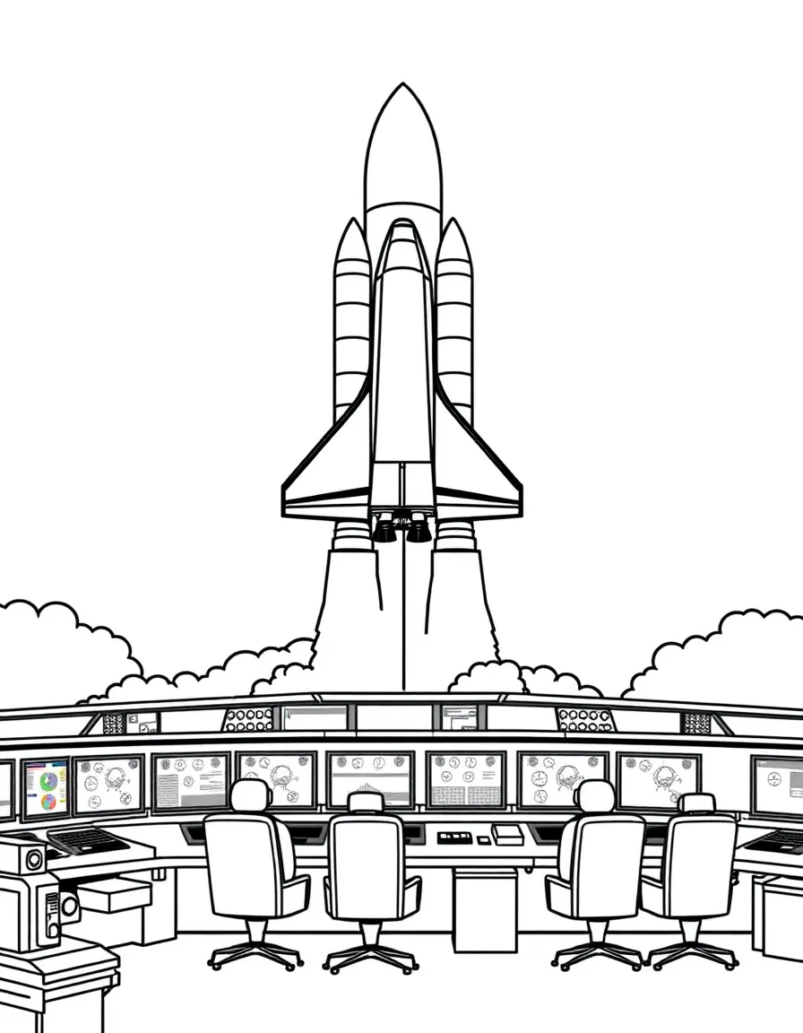 Space shuttle launching with massive rocket boosters, flame and smoke, and mission control monitoring