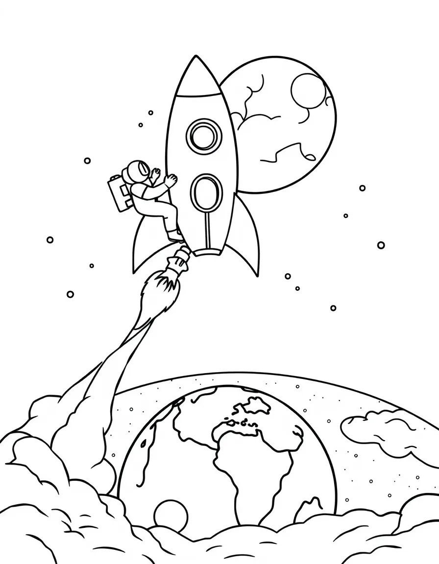 Rocket ship blasting off to moon with astronauts aboard, countdown sequence, and Earth receding below