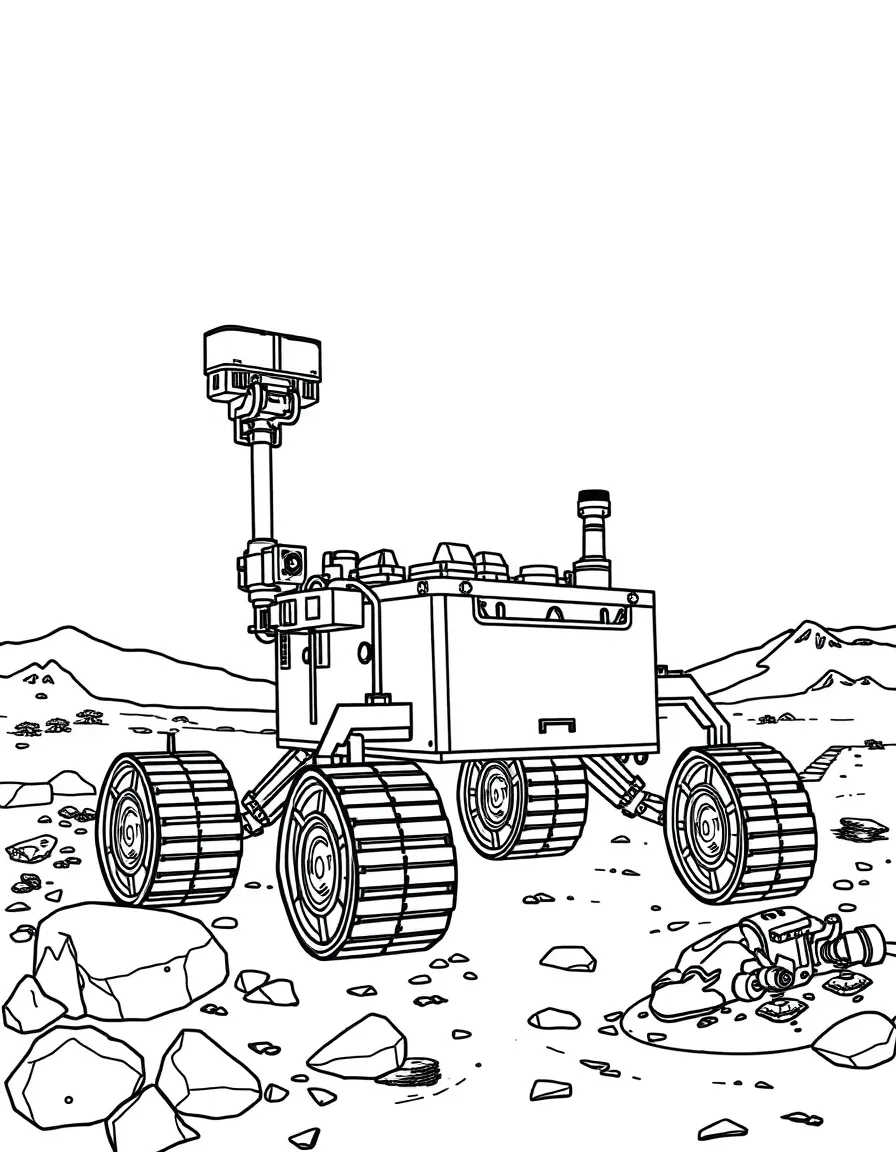 Mars rover exploring red planet surface with scientific instruments, rock samples, and Martian landscape