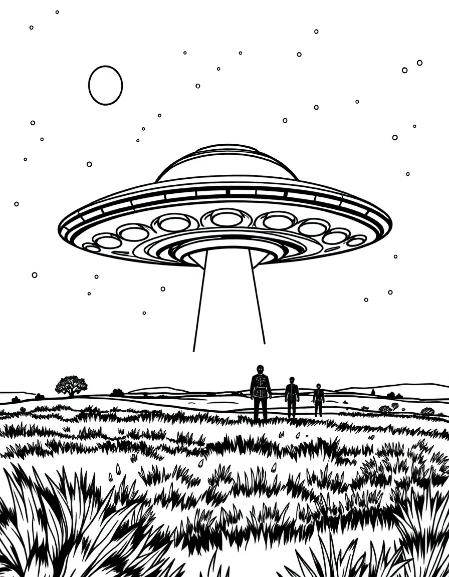UFO flying saucer hovering over field with alien beings visible, strange lights, and mysterious atmosphere