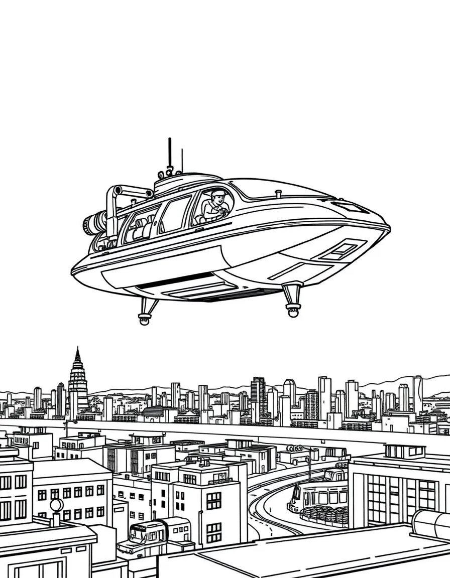 Hovercraft floating above ground with air cushion visible, passengers aboard, and futuristic city setting