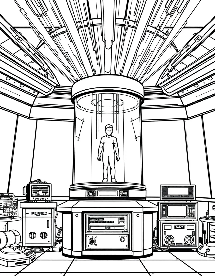 Teleportation device with energy beams, person materializing, and sci-fi laboratory equipment around