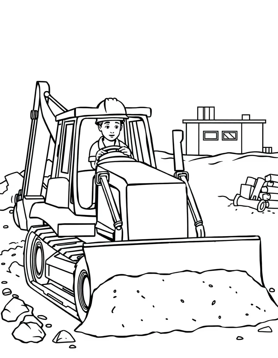 Bulldozer pushing dirt at construction site with operator in cab, hard hat required zone, and building materials