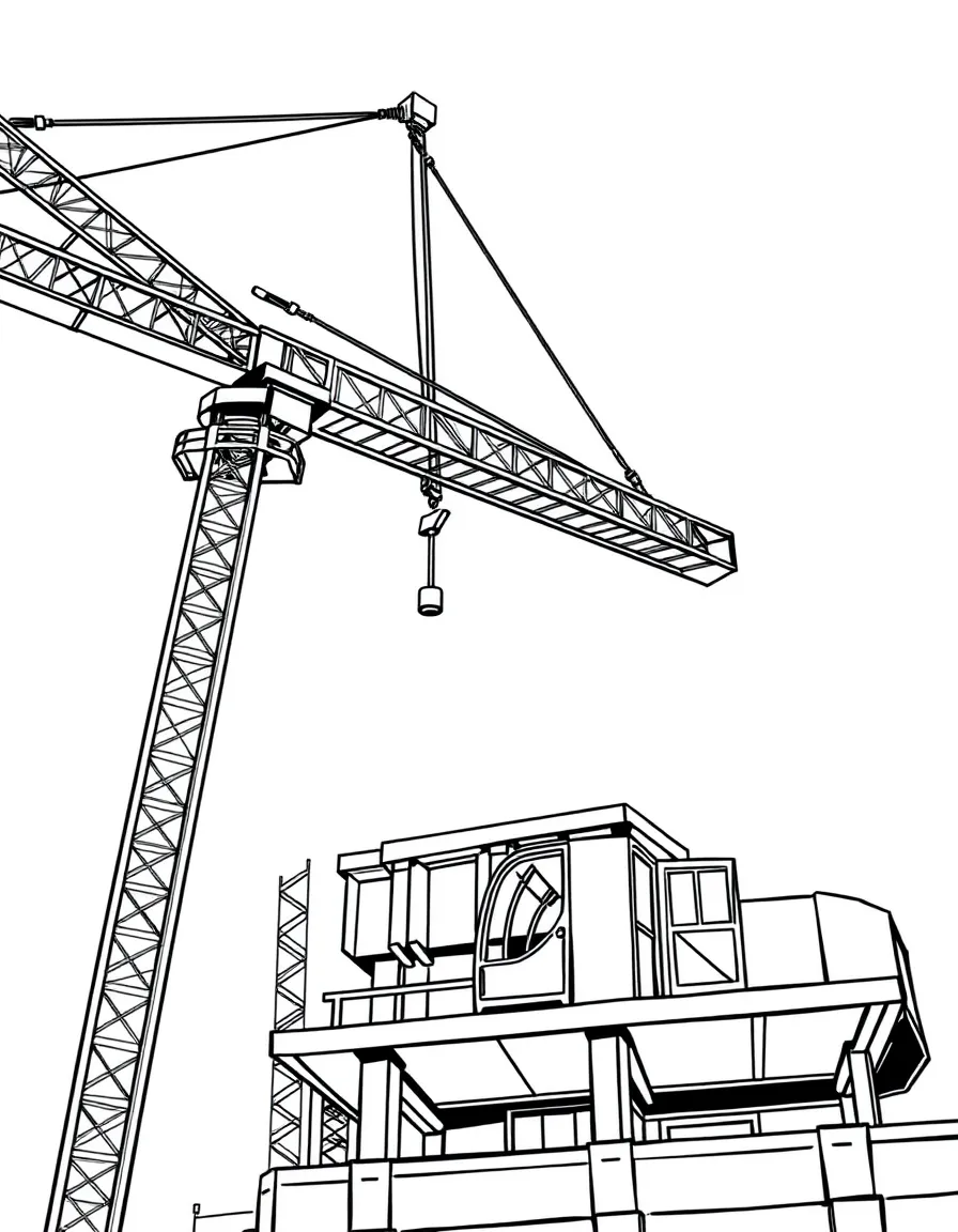 Crane lifting steel beams to building top with operator controls, safety harness, and skyscraper construction