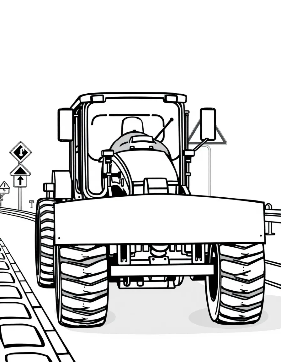 Road grader smoothing pavement with blade extended, construction zone signs, and highway repair work