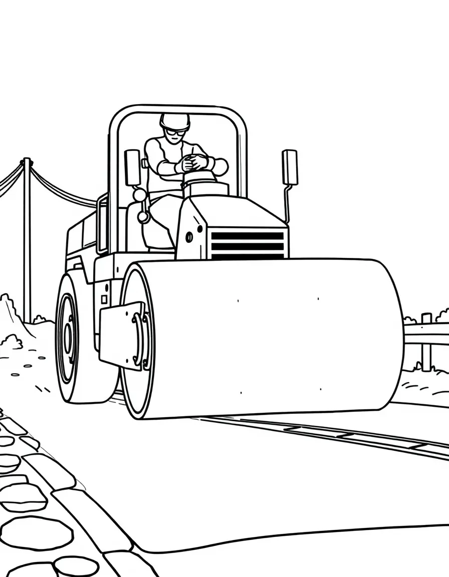 Steamroller compacting asphalt with heavy drums, road construction crew, and fresh pavement being laid