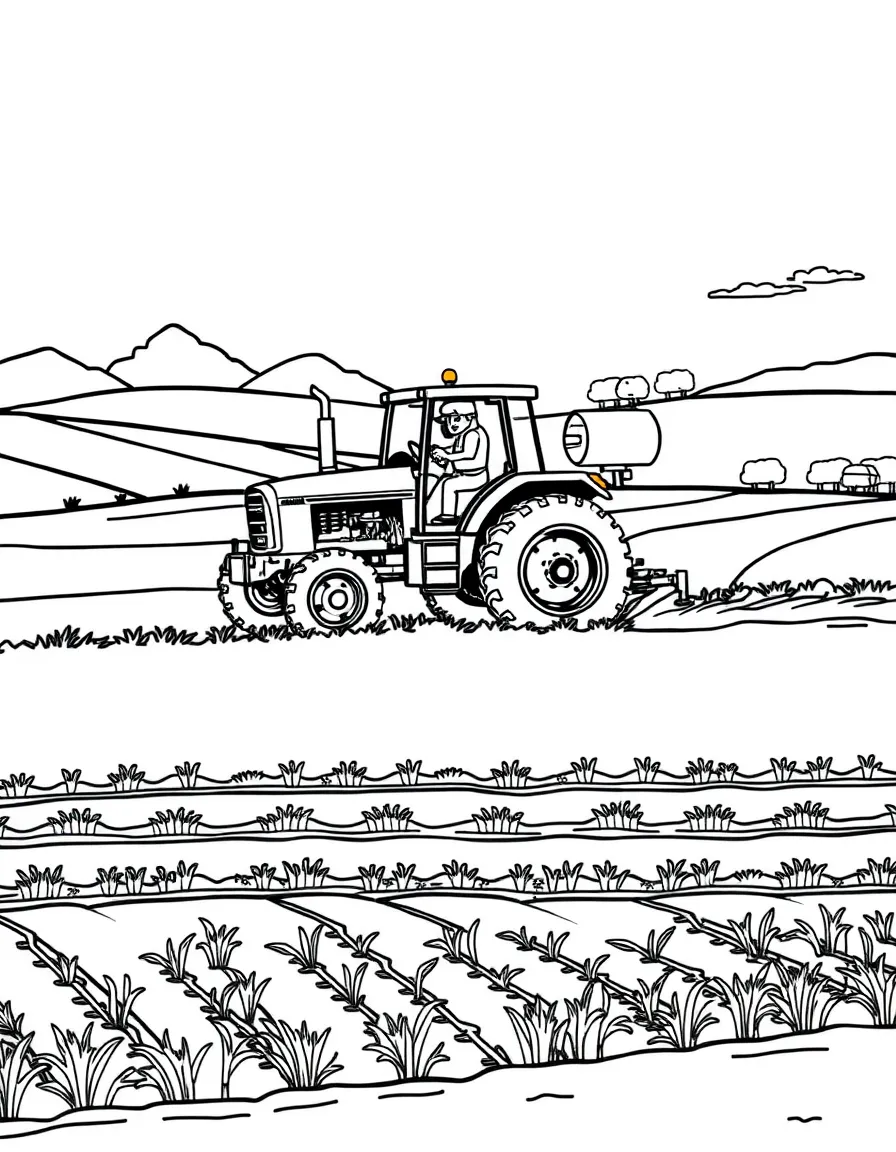 Tractor plowing field with farmer driving, furrows being turned, and rural agricultural landscape