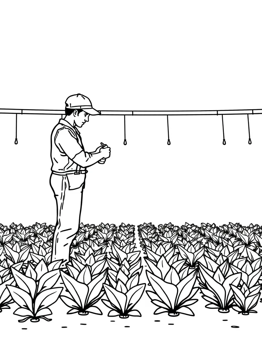Irrigation system watering crops with sprinklers, farmer adjusting settings, and green growing plants