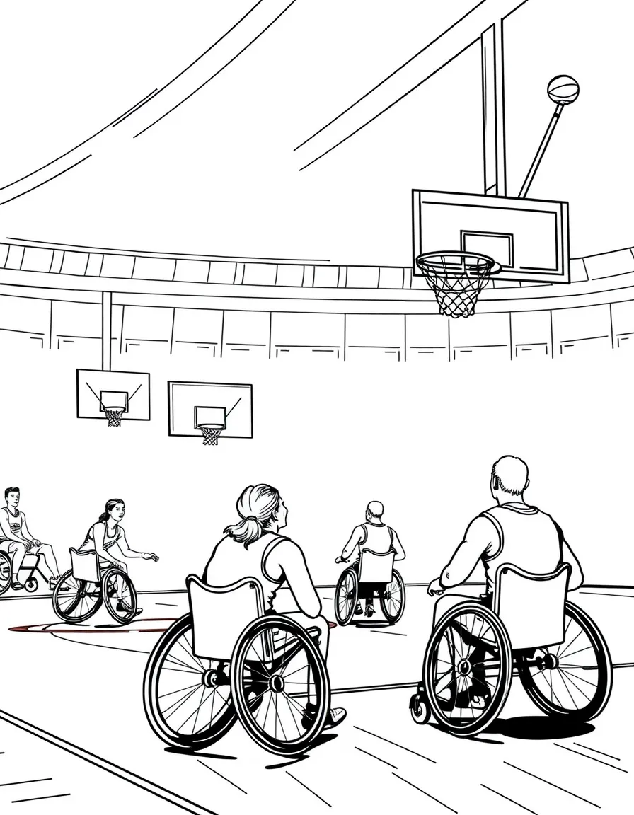 Wheelchair basketball game with players competing, adaptive sports equipment, and gymnasium setting