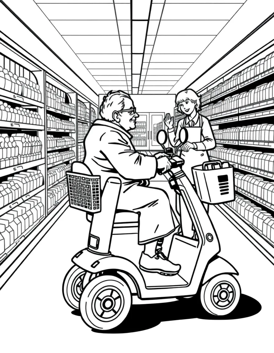 Mobility scooter shopping trip with elderly person riding, grocery store aisles, and helpful store staff