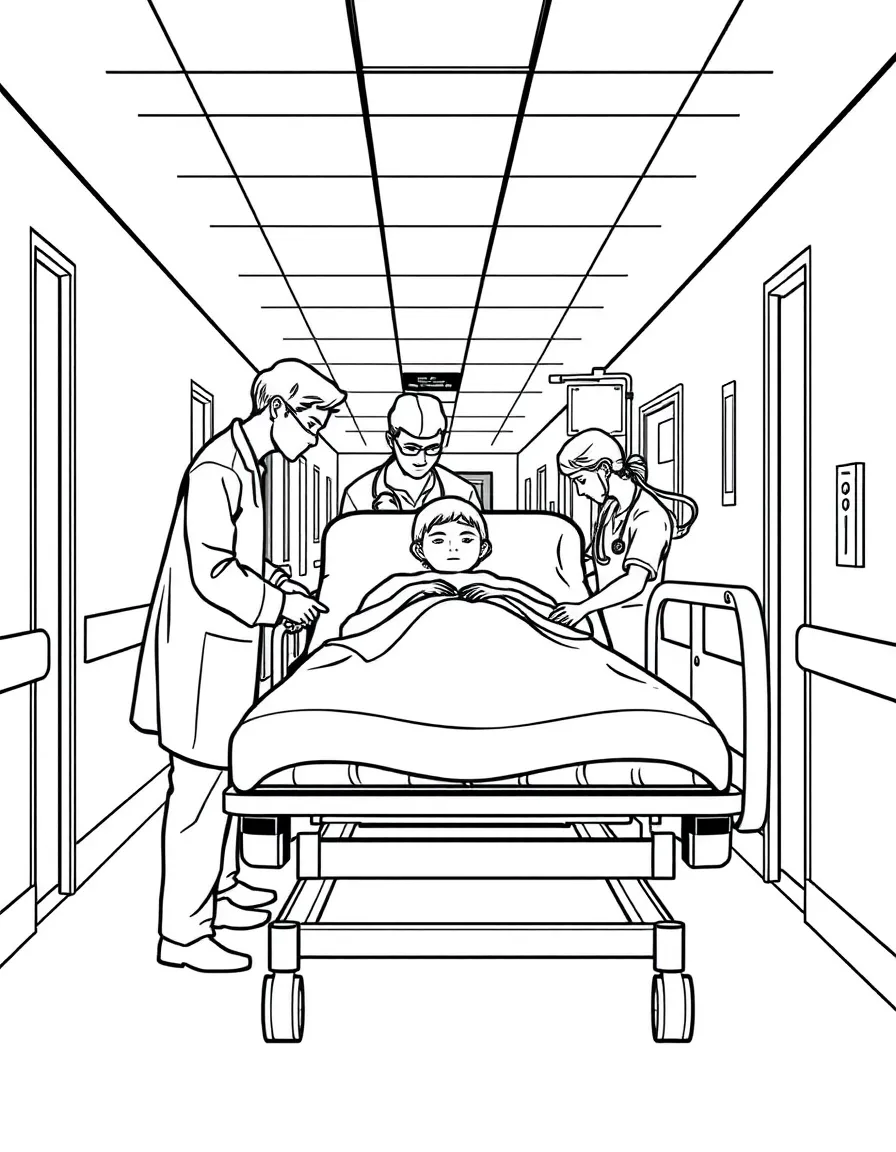 Hospital bed transport with patient comfortable, medical staff assisting, and hospital corridor setting