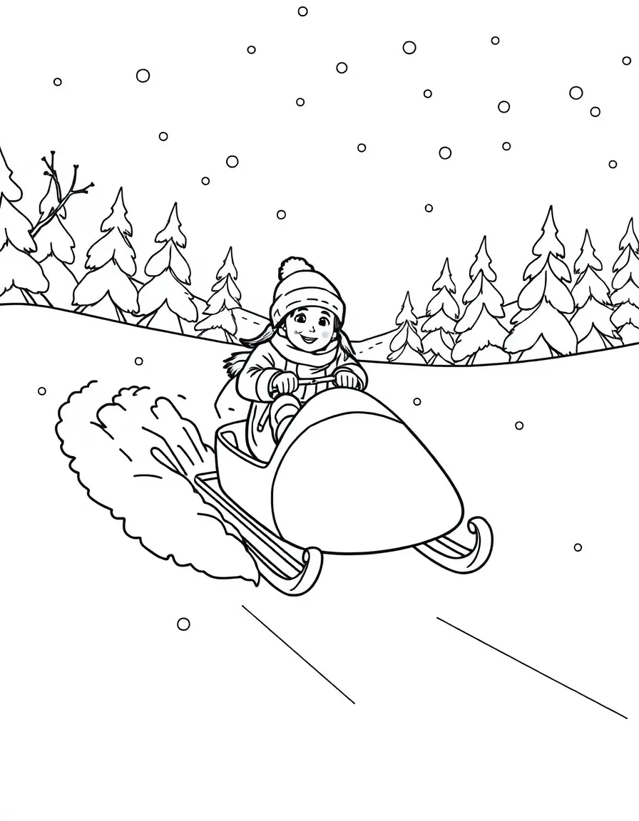 Sled racing down snowy hill with kids aboard, winter clothing worn, and snow-covered landscape everywhere