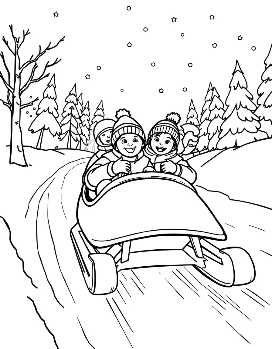 Toboggan family ride with multiple people, steep snowy slope, and winter fun atmosphere throughout