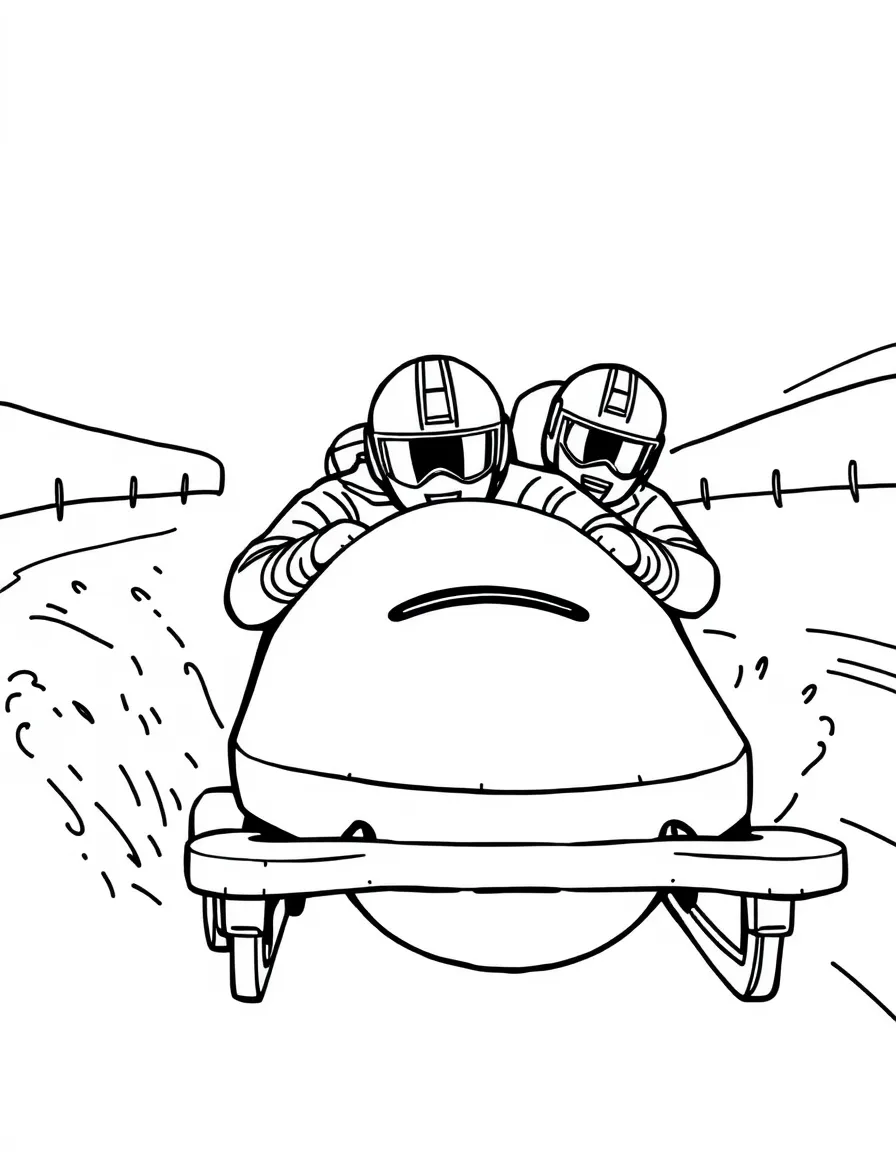 Bobsled team racing down icy track with helmets, aerodynamic position, and Olympic winter sports setting
