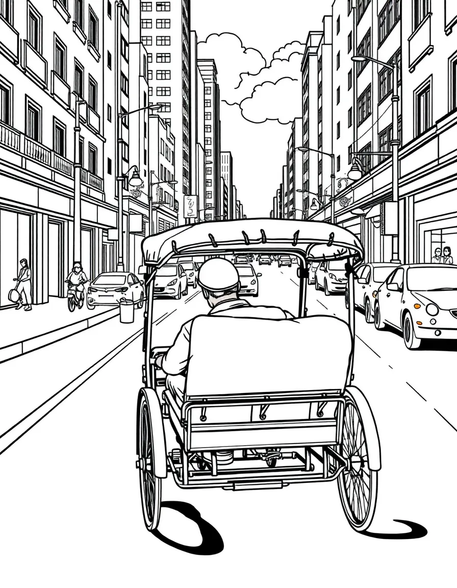 Rickshaw ride through city with passenger seated, driver pedaling, and urban street scenes around
