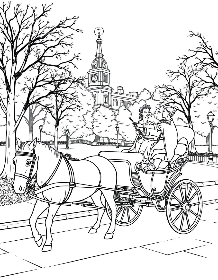 Horse-drawn carriage in park with couple riding, driver in period costume, and romantic city setting