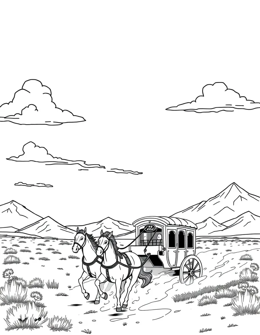 Stagecoach traveling old west with horses galloping, dust clouds, and frontier landscape with mountains