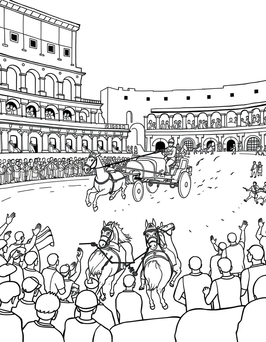 Chariot race in ancient arena with horses running, driver holding reins, and Roman colosseum crowds