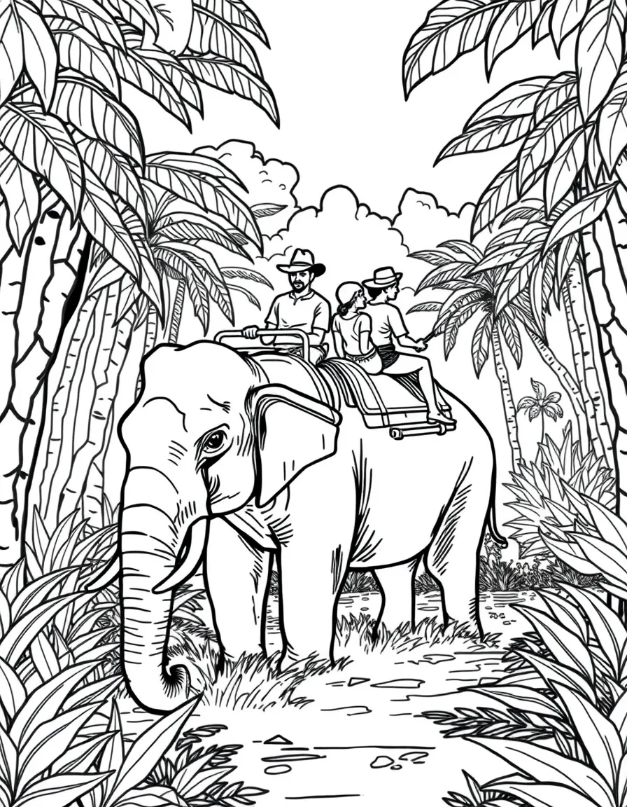 Elephant ride through jungle with tourists seated, mahout guiding, and tropical forest scenery around