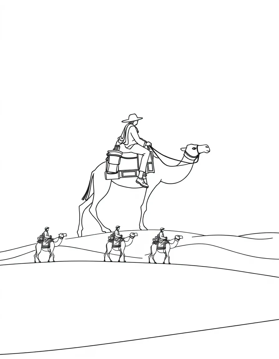 Camel caravan crossing desert with riders, pack animals loaded, and sand dunes stretching endlessly