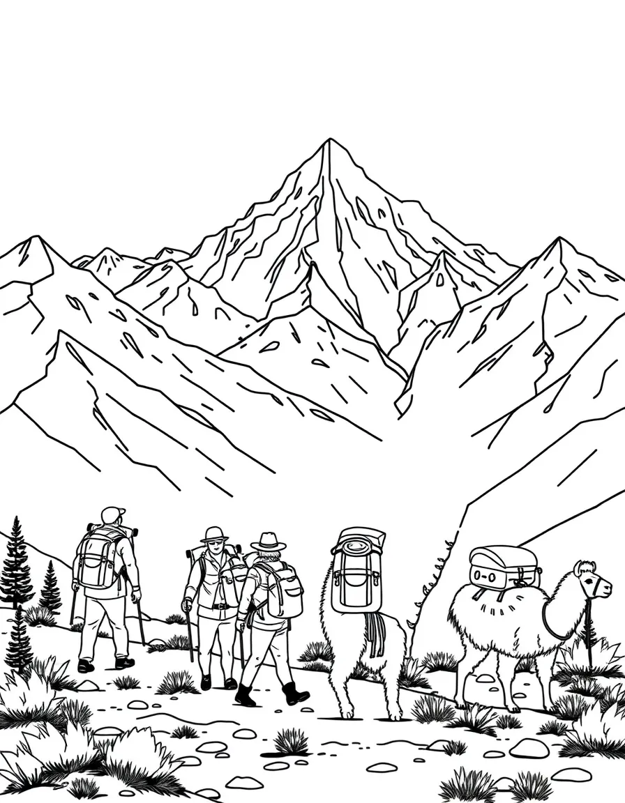 Llama trekking in mountains with hikers, pack animals carrying gear, and Andean peaks in background