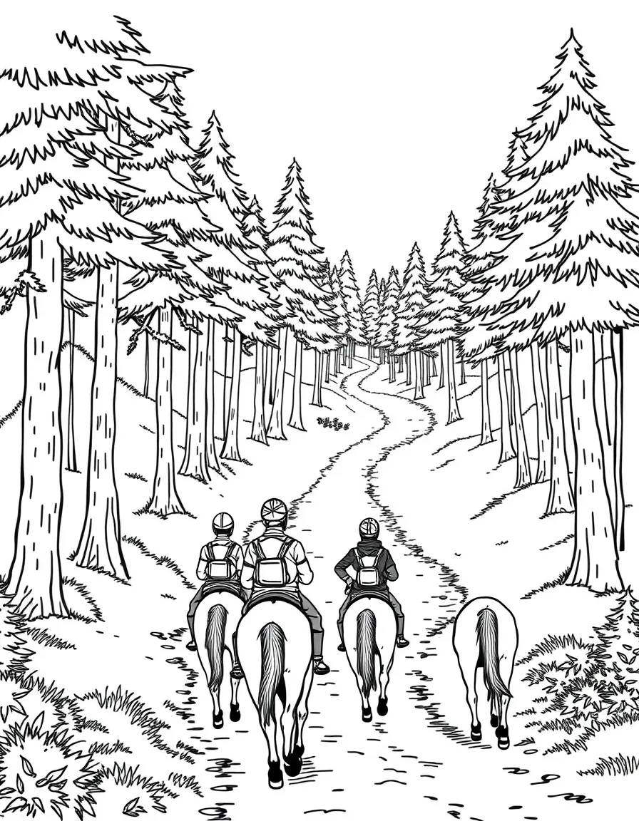 Horse trail ride with riders wearing helmets, guides leading, and forest path winding through trees
