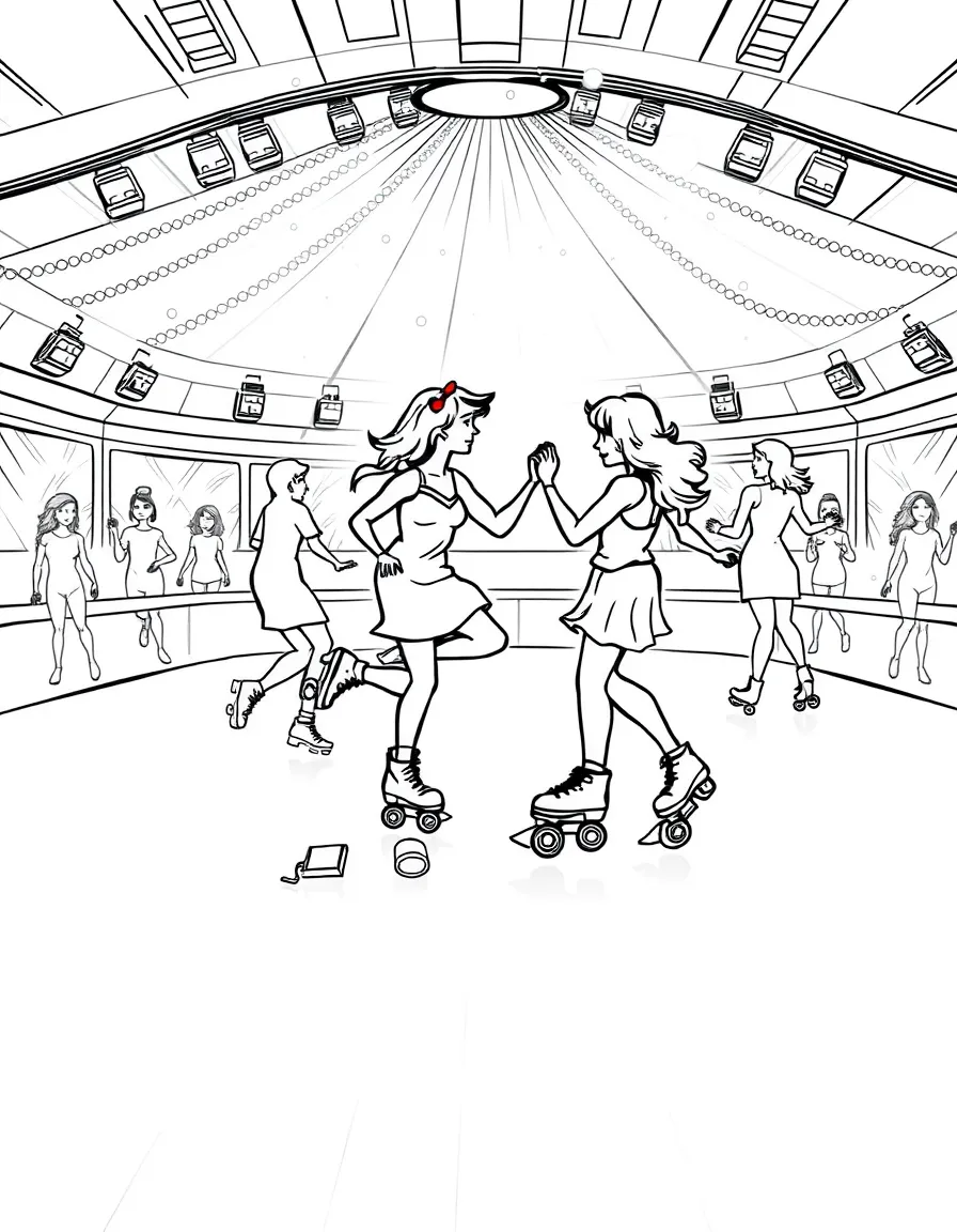 Roller skates dancing in rink with disco lights, music playing, and skaters showing moves and tricks