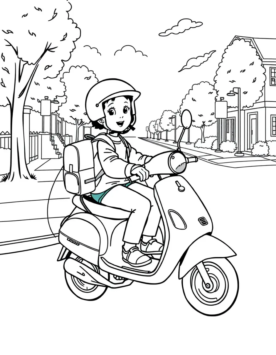 Scooter ride to school with child wearing helmet, backpack secured, and neighborhood sidewalks safe