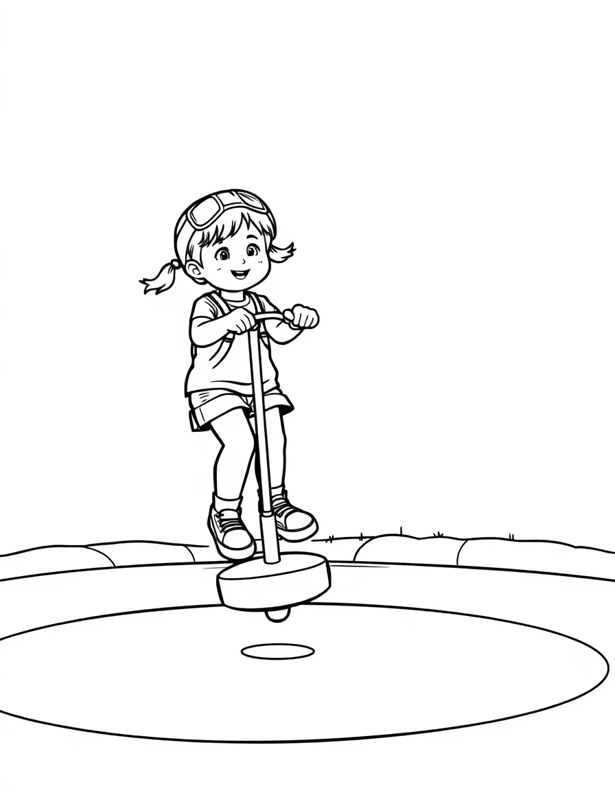 Pogo stick bouncing with child having fun, safety gear worn, and playground setting with soft surfaces